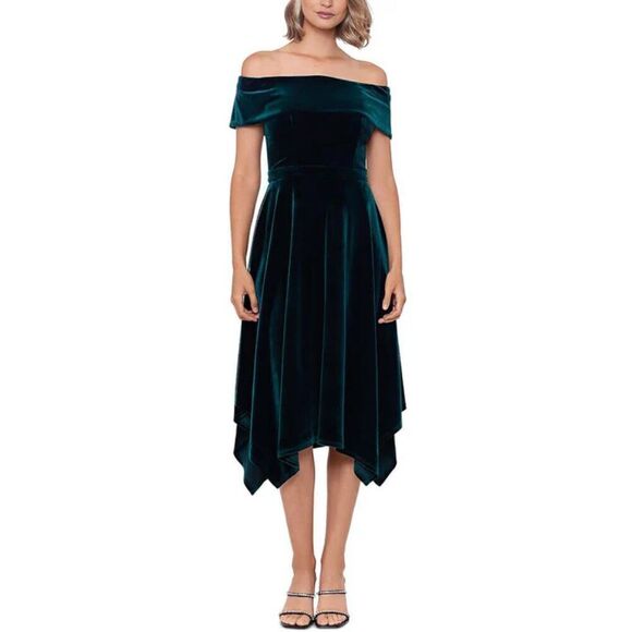 Xscape Womens Green Velvet Off Shoulder Dress Size 16W - Picture 1 of 11